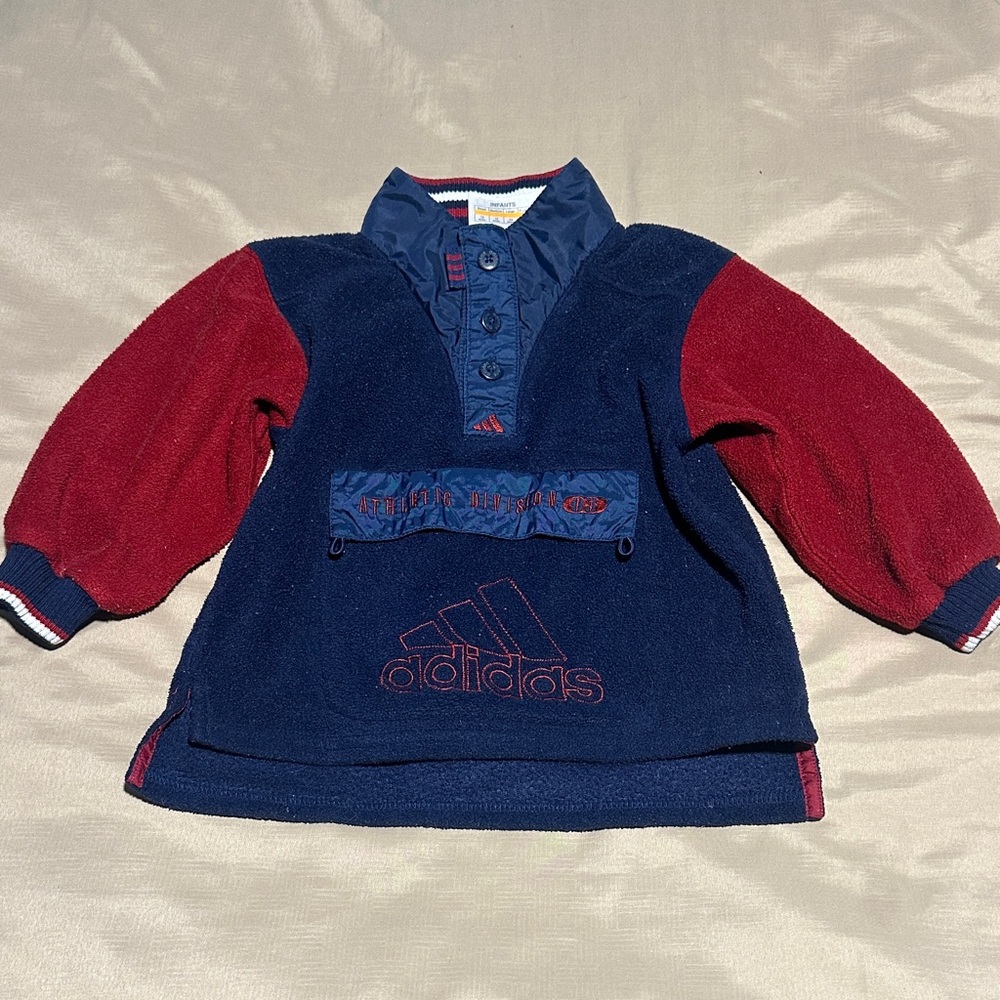 Adidas 80’s/early 90’s Kids' Navy and Red Sweatshirt with Kangaroo Pocket
